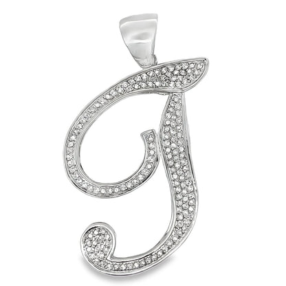 Flat Cursive Initial Letter White CZ Iced Out Pendant