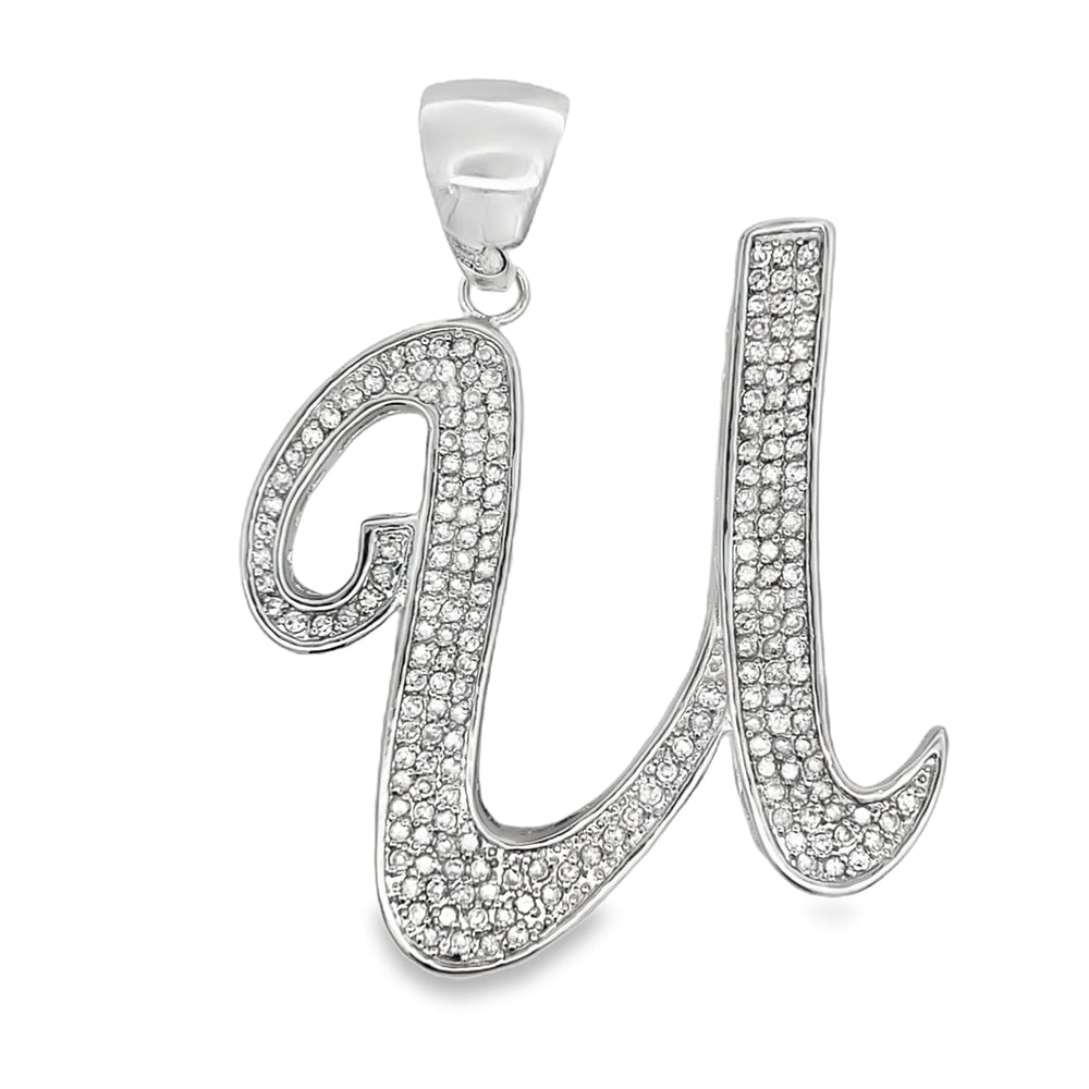 Flat Cursive Initial Letter White CZ Iced Out Pendant