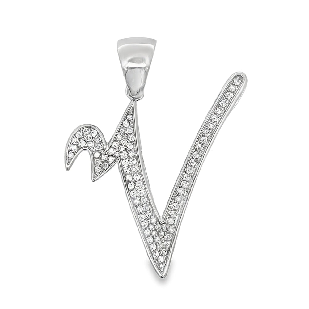 Flat Cursive Initial Letter White CZ Iced Out Pendant