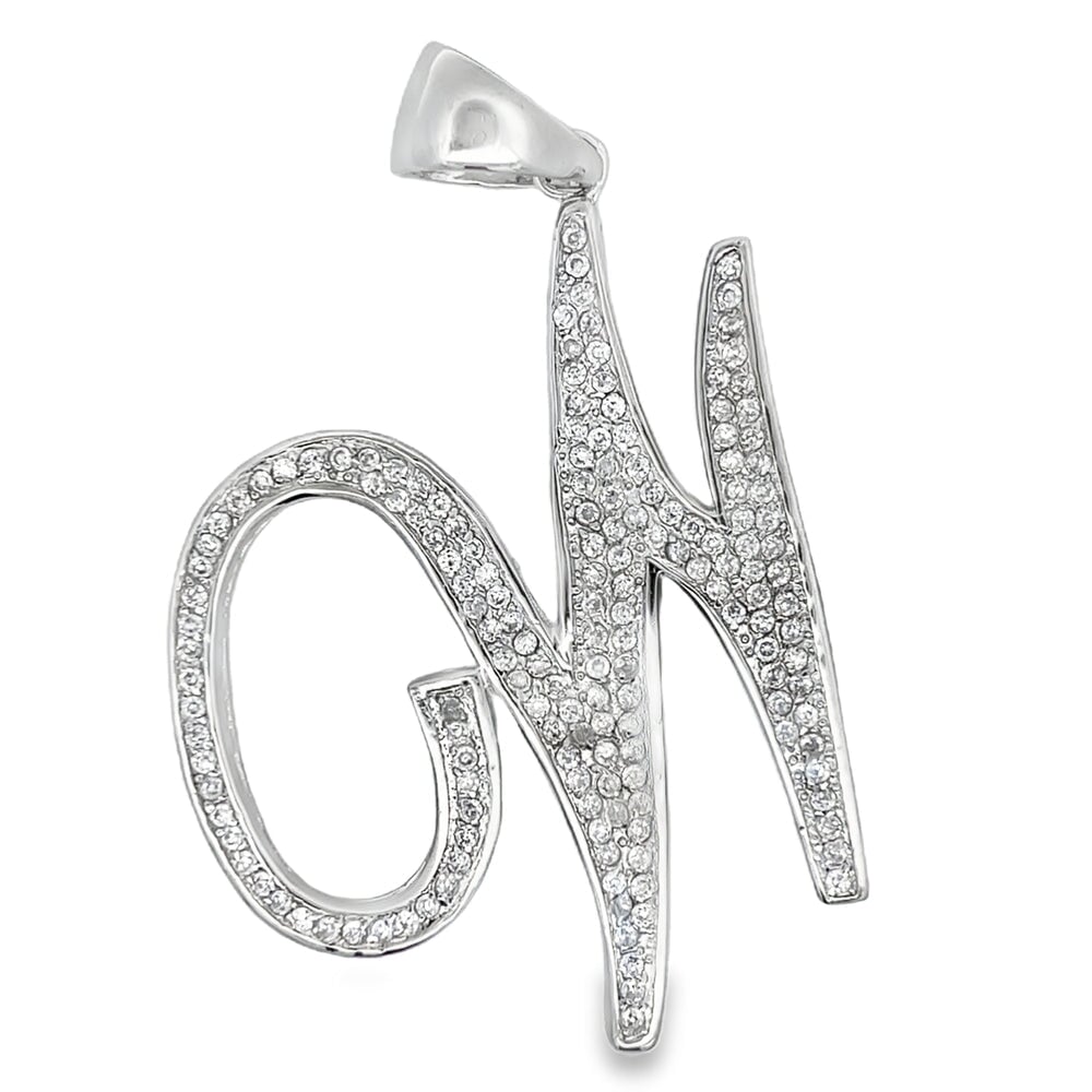 Flat Cursive Initial Letter White CZ Iced Out Pendant