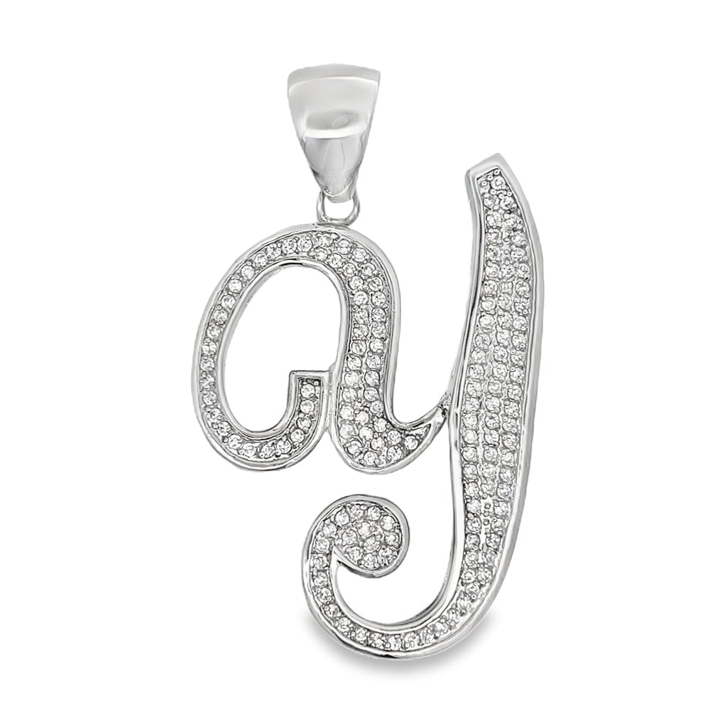 Flat Cursive Initial Letter White CZ Iced Out Pendant
