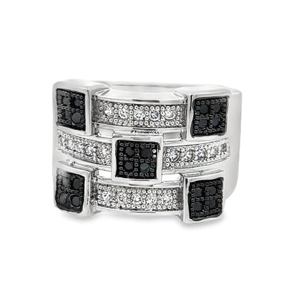 Futuristic Black & White CZ Ring .925 Sterling Silver