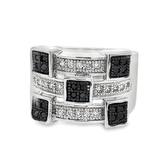 Futuristic Black & White CZ Ring .925 Sterling Silver