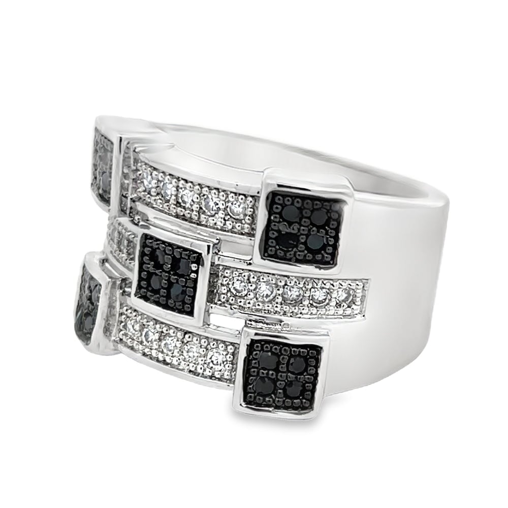 Futuristic Black & White CZ Ring .925 Sterling Silver