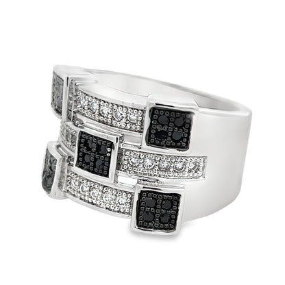 Futuristic Black & White CZ Ring .925 Sterling Silver