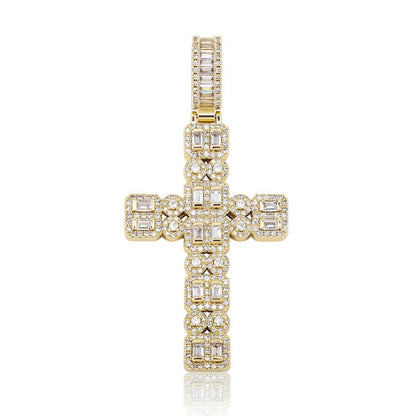 Gem Baguette Cluster Double Cross Iced Out Hip Hop Pendant