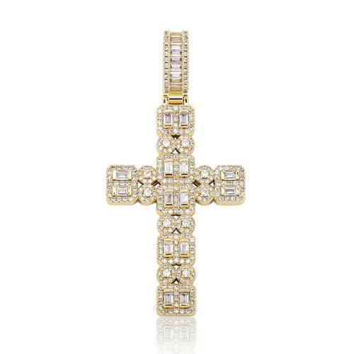 Gem Baguette Cluster Double Cross Iced Out Hip Hop Pendant