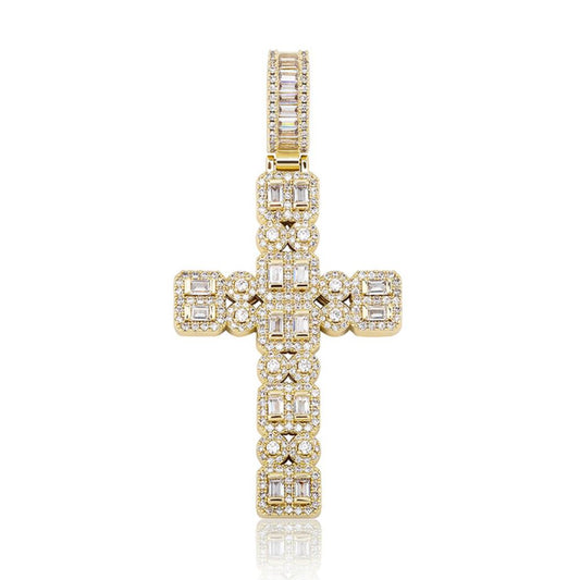 Gem Baguette Cluster Double Cross Iced Out Hip Hop Pendant