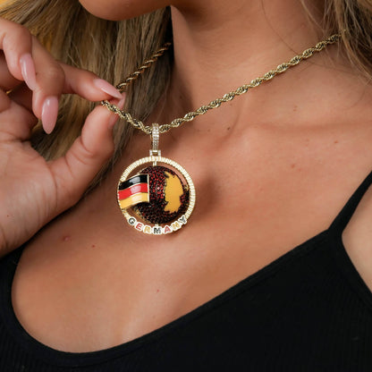 Diamond Germany Spinning Globe Flag Pendant in Yellow Gold