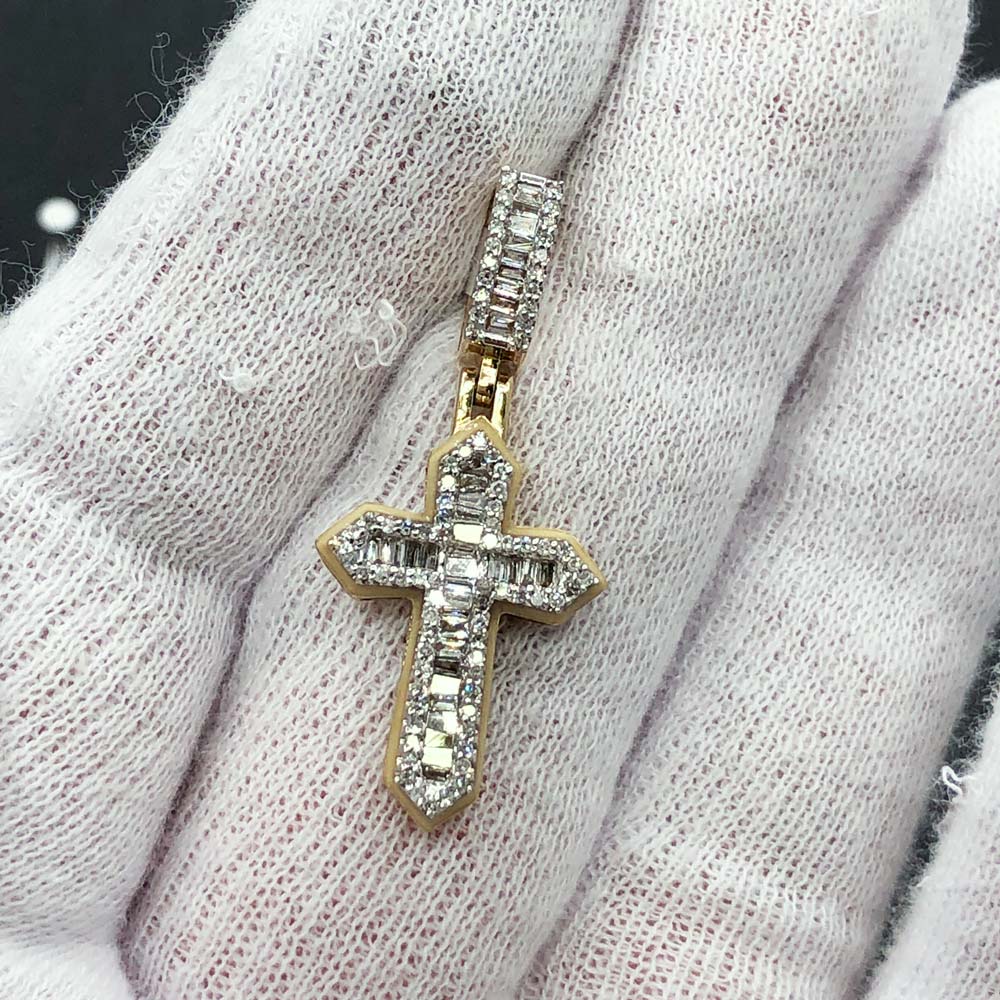 Glow in Dark Taper Cross Baguette Diamond Pendant .52cttw 10K Yellow Gold