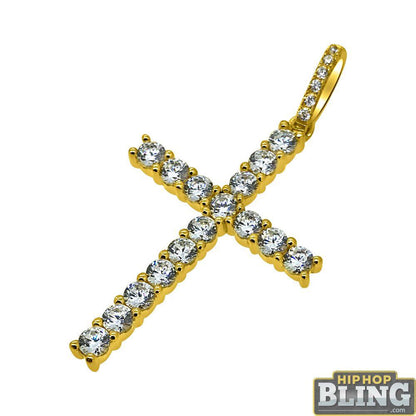 Gold 3MM CZ Tennis Cross Pendant .925 Sterling Silver