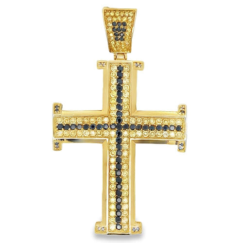 Gold Black & Yellow CZ Iced Out Cross Potent Pendant
