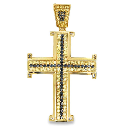 Gold Black & Yellow CZ Iced Out Cross Potent Pendant
