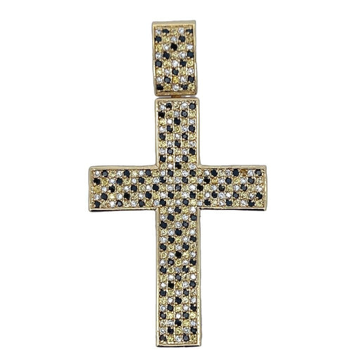 Gold Checkered Black & White CZ Cross Iced Out Pendant