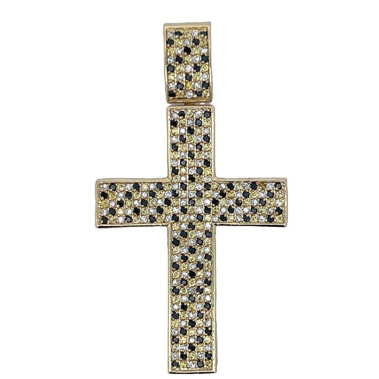 Gold Checkered Black & White CZ Cross Iced Out Pendant