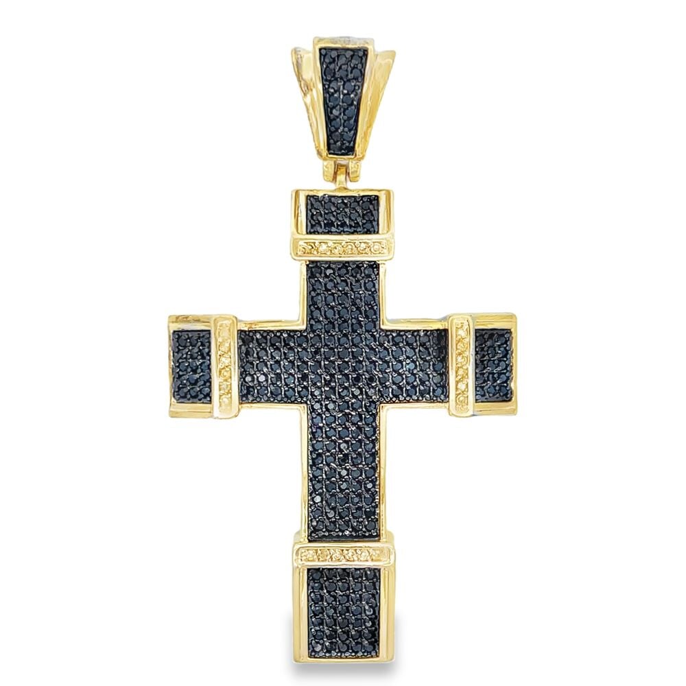 Gold Chunky Black & Yellow CZ Cross Iced Out Pendant