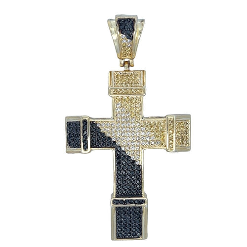 Gold Chunky Diagonal Black & Yellow CZ Cross Iced Out Pendant