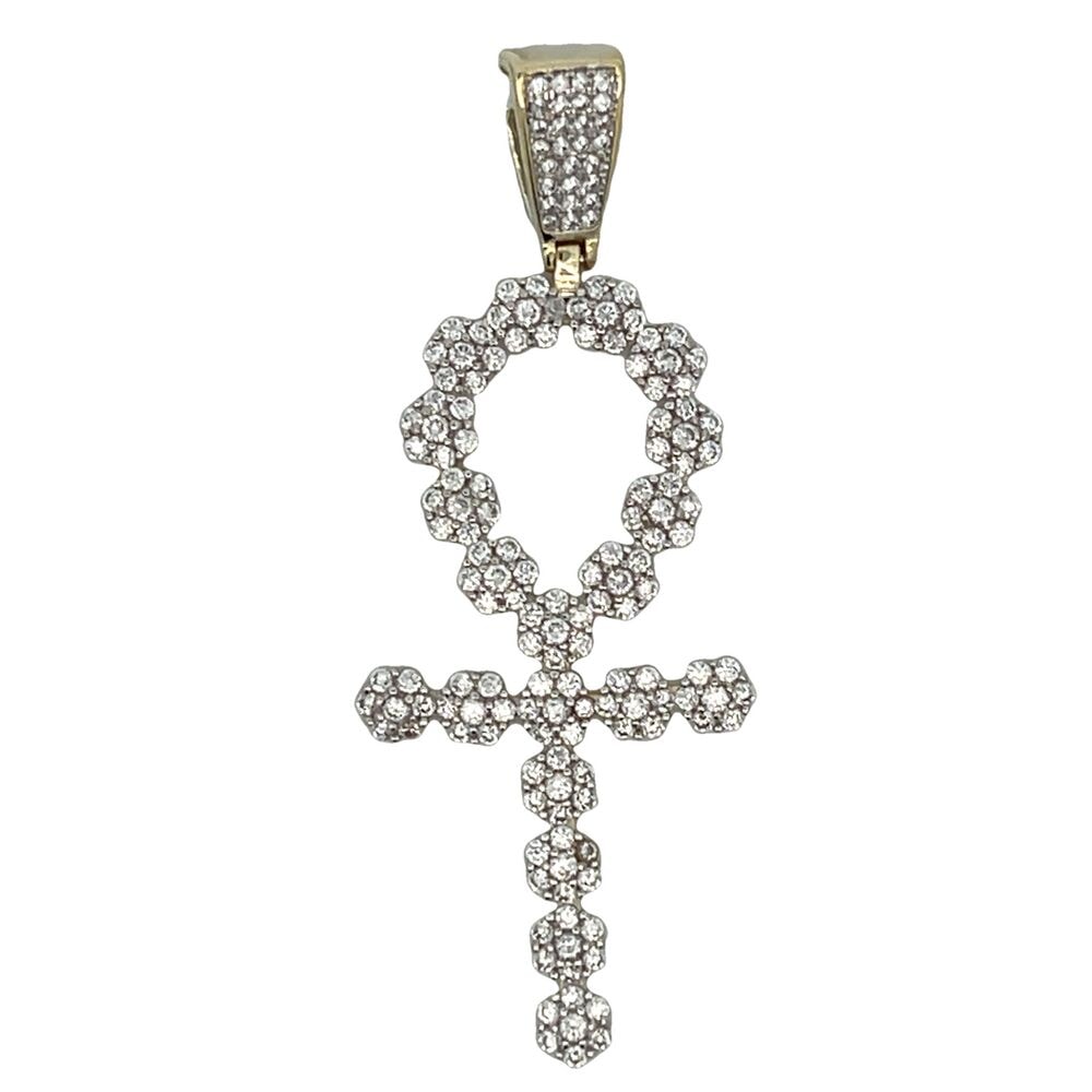 Gold Cluster Ankh Cross CZ Iced Out Pendant