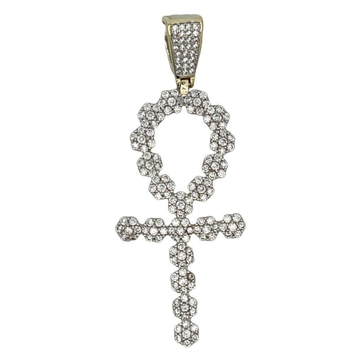 Gold Cluster Ankh Cross CZ Iced Out Pendant