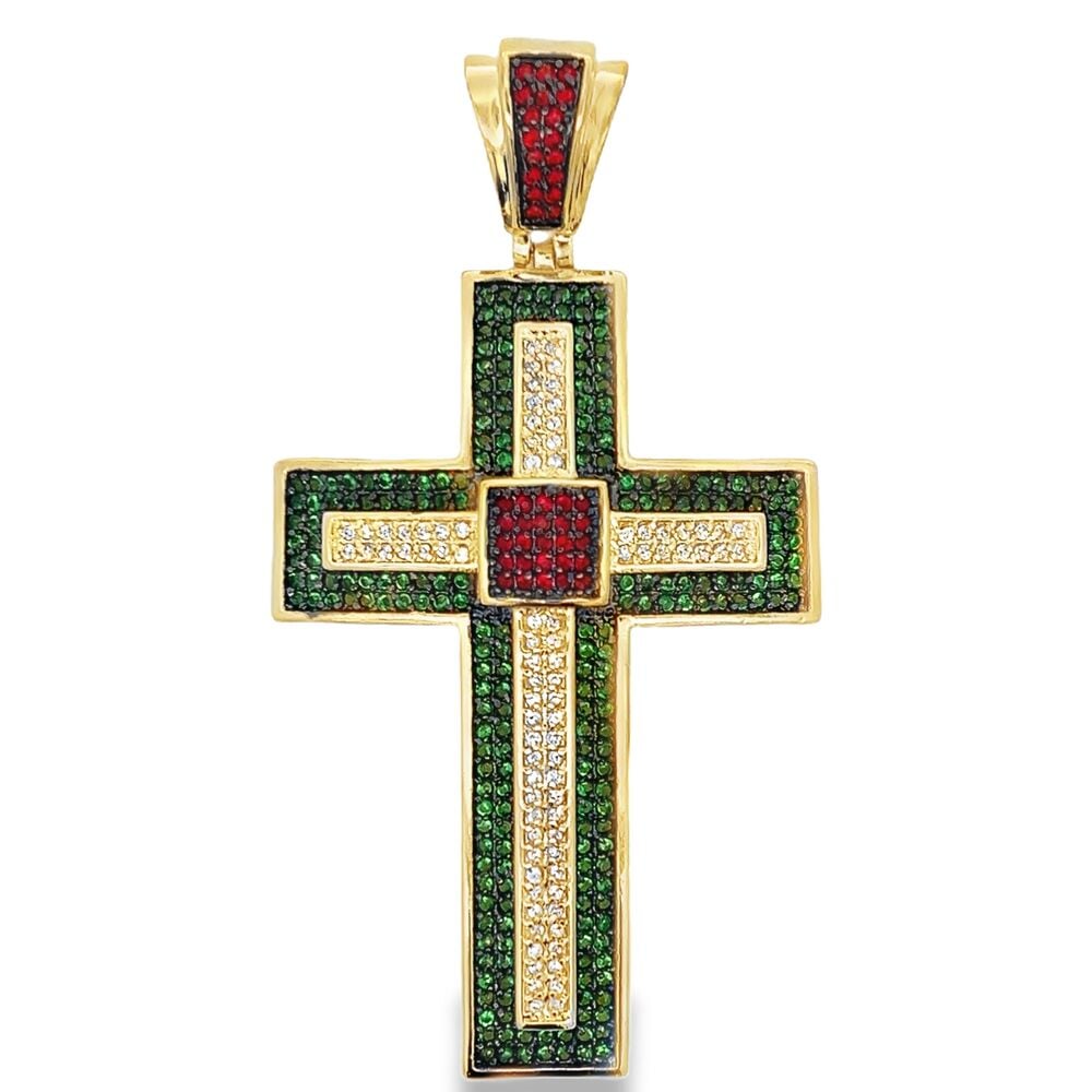 Gold Cross Striped White Green & Red CZ