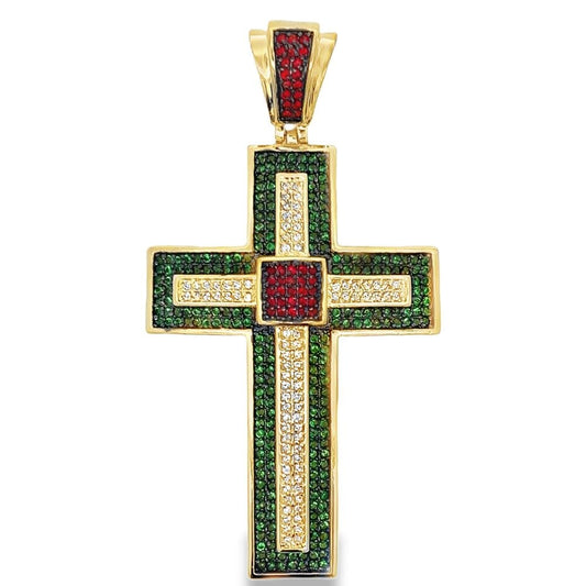 Gold Cross Striped White Green & Red CZ