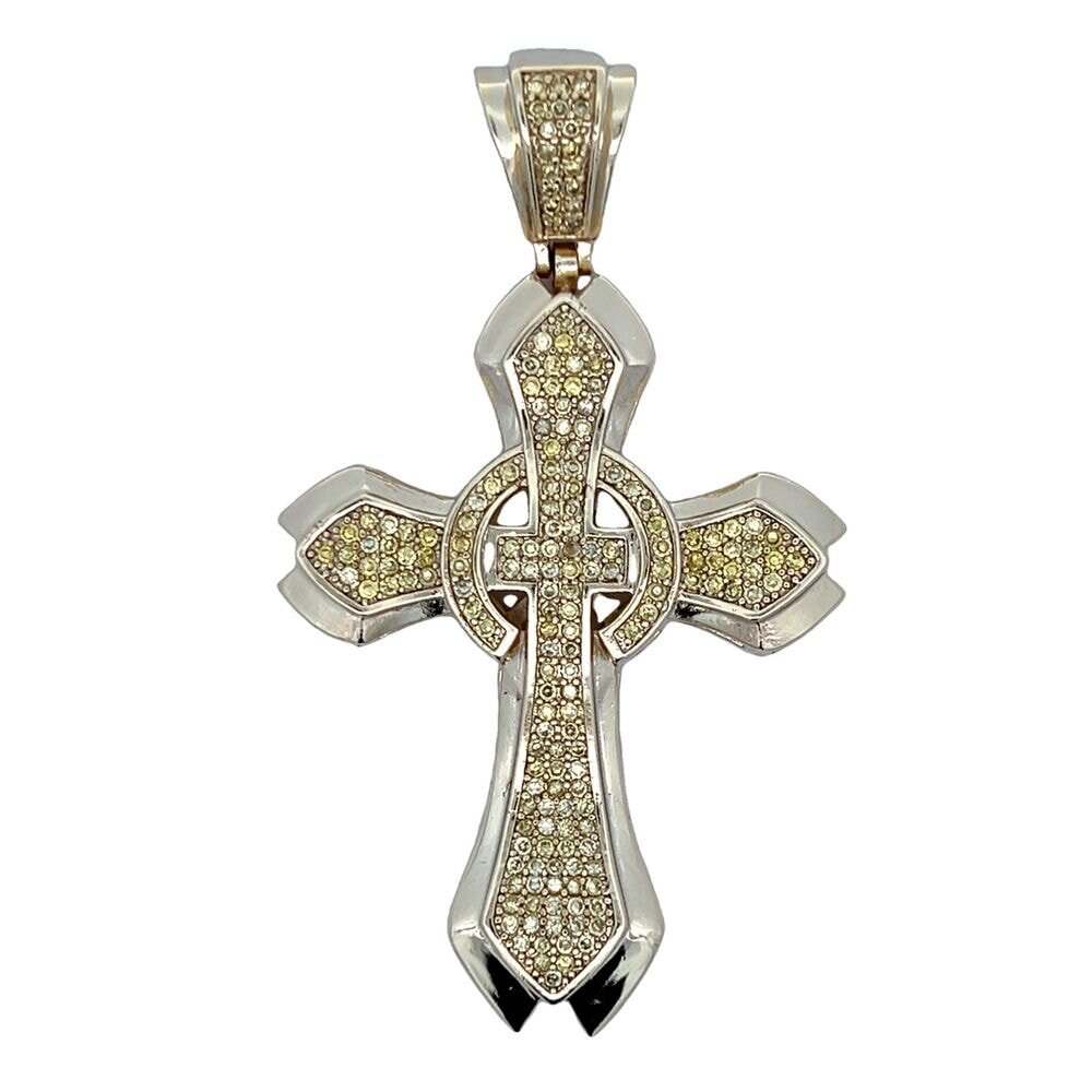 Gold Fancy Cross Canary Yellow CZ Iced Out Pendant