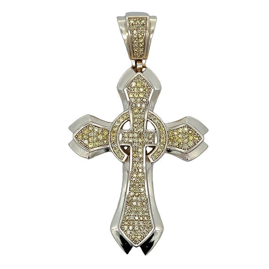 Gold Fancy Cross Canary Yellow CZ Iced Out Pendant