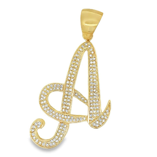 Gold Flat Cursive Initial Letter CZ Iced Out Pendant