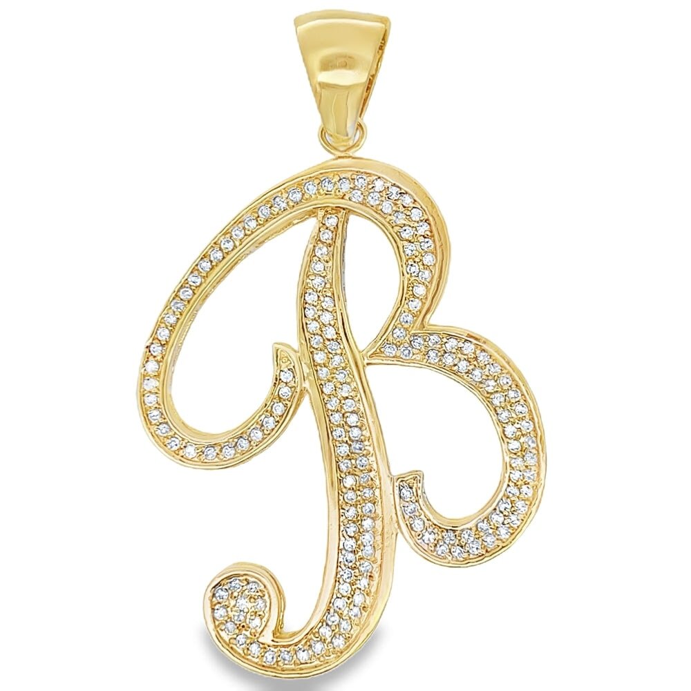 Gold Flat Cursive Initial Letter CZ Iced Out Pendant
