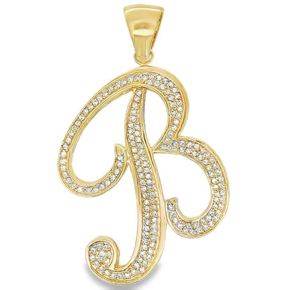 Gold Flat Cursive Initial Letter CZ Iced Out Pendant