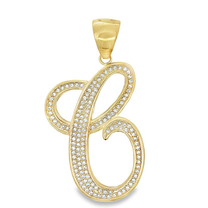Gold Flat Cursive Initial Letter CZ Iced Out Pendant