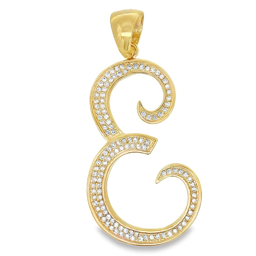 Gold Flat Cursive Initial Letter CZ Iced Out Pendant