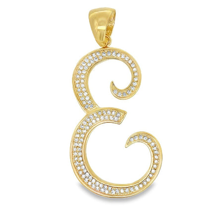 Gold Flat Cursive Initial Letter CZ Iced Out Pendant