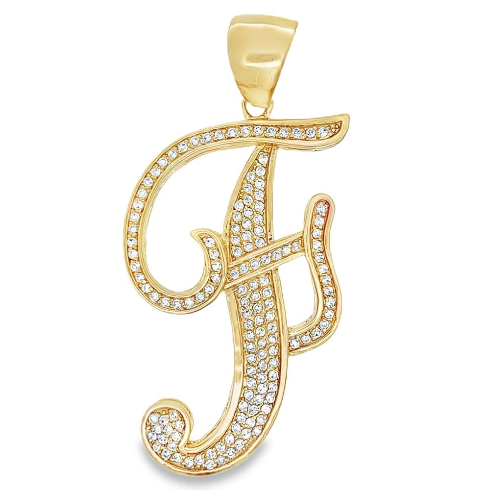 Gold Flat Cursive Initial Letter CZ Iced Out Pendant