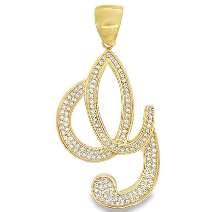 Gold Flat Cursive Initial Letter CZ Iced Out Pendant