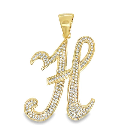 Gold Flat Cursive Initial Letter CZ Iced Out Pendant