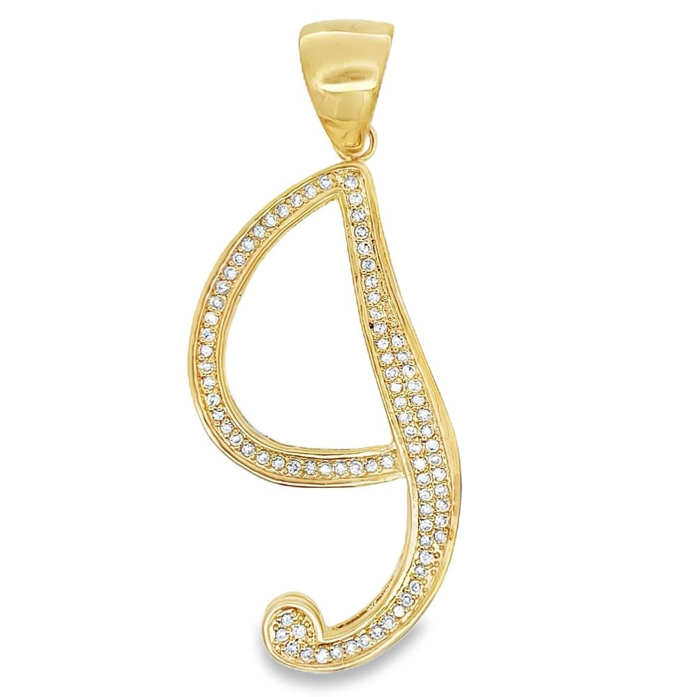 Gold Flat Cursive Initial Letter CZ Iced Out Pendant