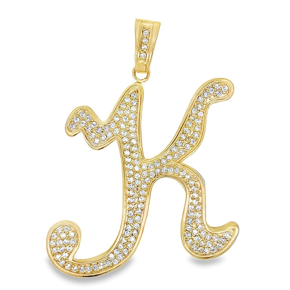 Gold Flat Cursive Initial Letter CZ Iced Out Pendant