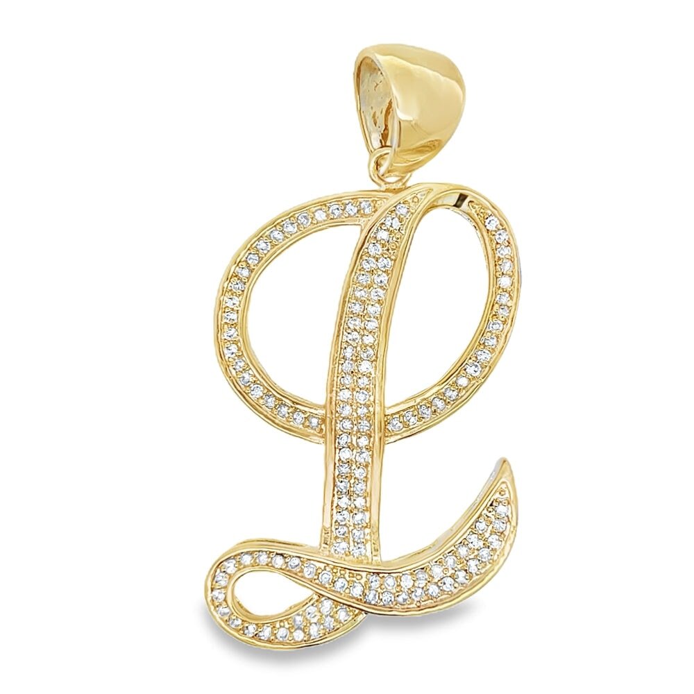 Gold Flat Cursive Initial Letter CZ Iced Out Pendant