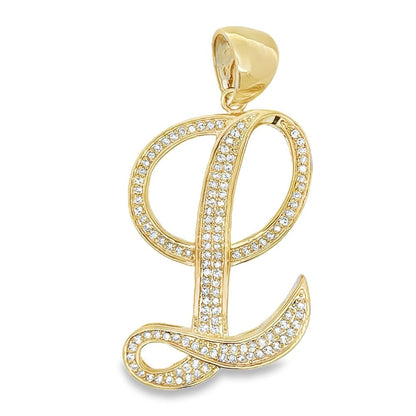 Gold Flat Cursive Initial Letter CZ Iced Out Pendant