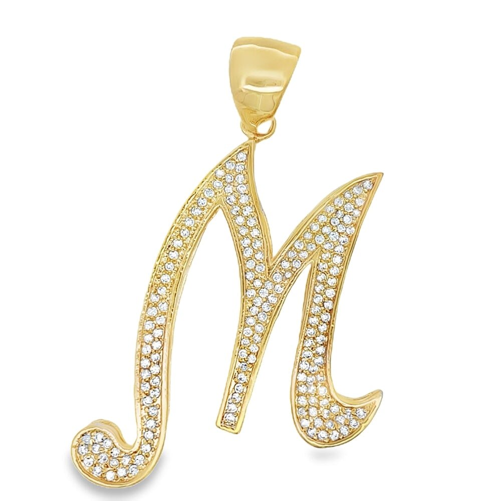 Gold Flat Cursive Initial Letter CZ Iced Out Pendant