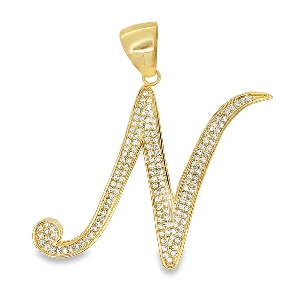Gold Flat Cursive Initial Letter CZ Iced Out Pendant