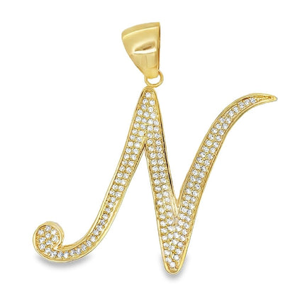 Gold Flat Cursive Initial Letter CZ Iced Out Pendant