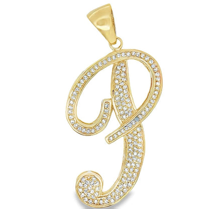 Gold Flat Cursive Initial Letter CZ Iced Out Pendant