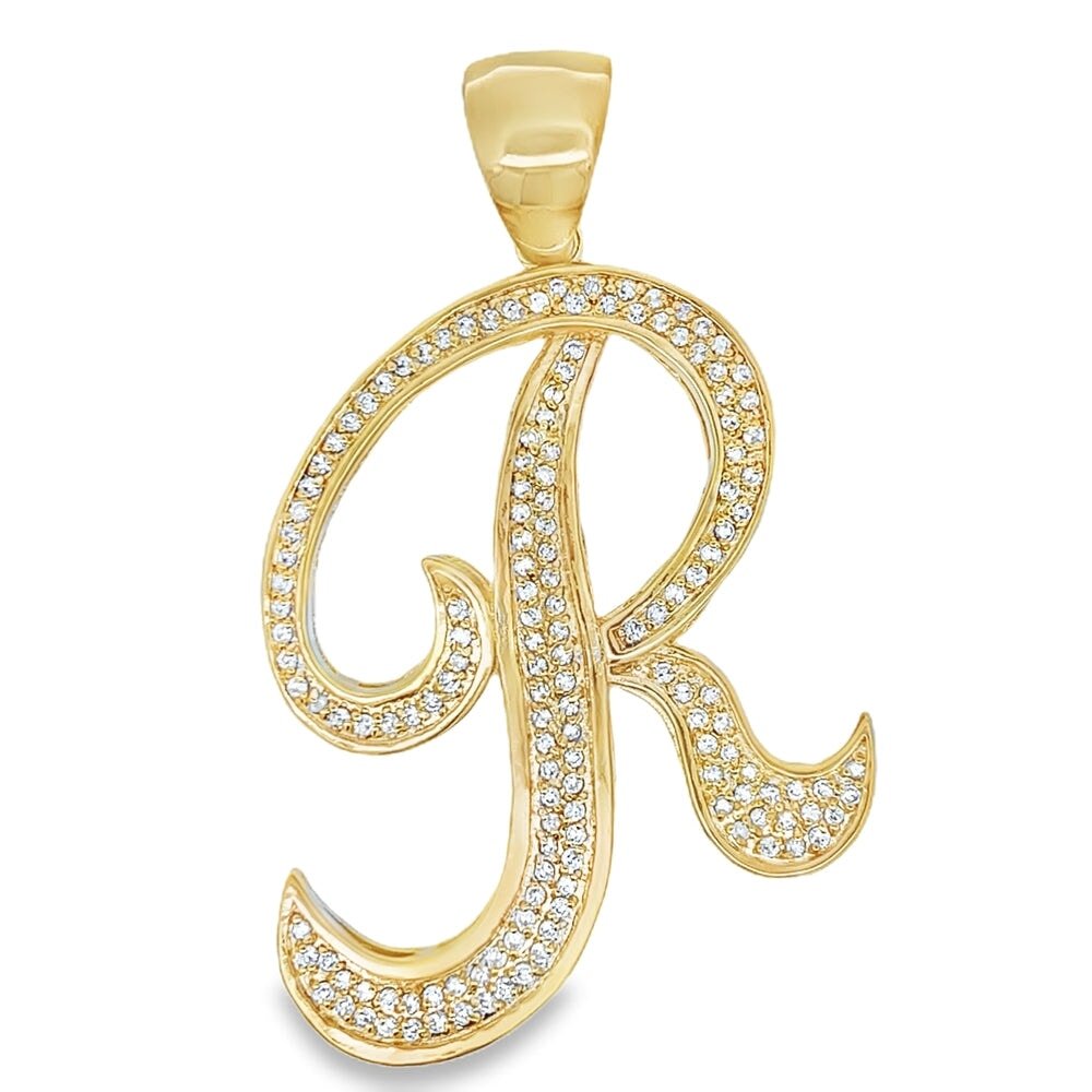 Gold Flat Cursive Initial Letter CZ Iced Out Pendant