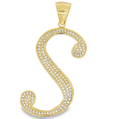 Gold Flat Cursive Initial Letter CZ Iced Out Pendant