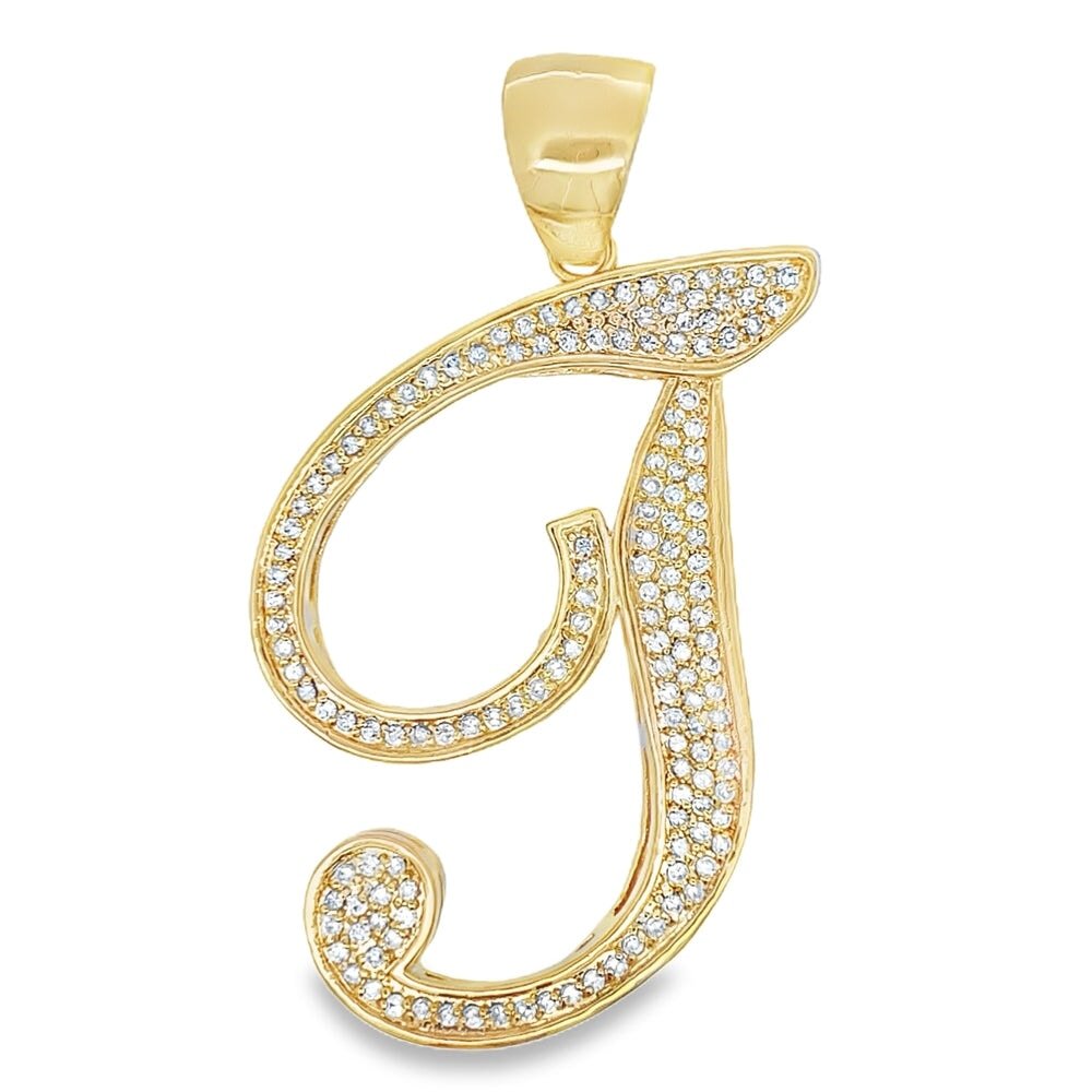 Gold Flat Cursive Initial Letter CZ Iced Out Pendant