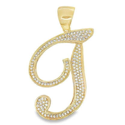 Gold Flat Cursive Initial Letter CZ Iced Out Pendant