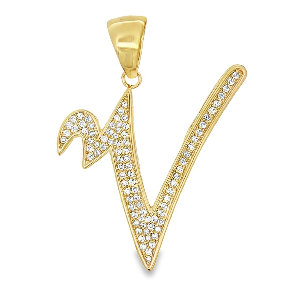 Gold Flat Cursive Initial Letter CZ Iced Out Pendant