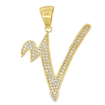 Gold Flat Cursive Initial Letter CZ Iced Out Pendant
